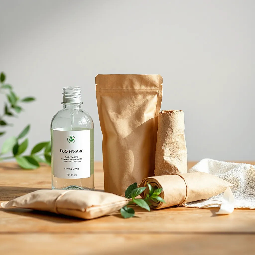 Eco-friendly skincare products in glass and refill packaging with kraft paper and fabric wrap.