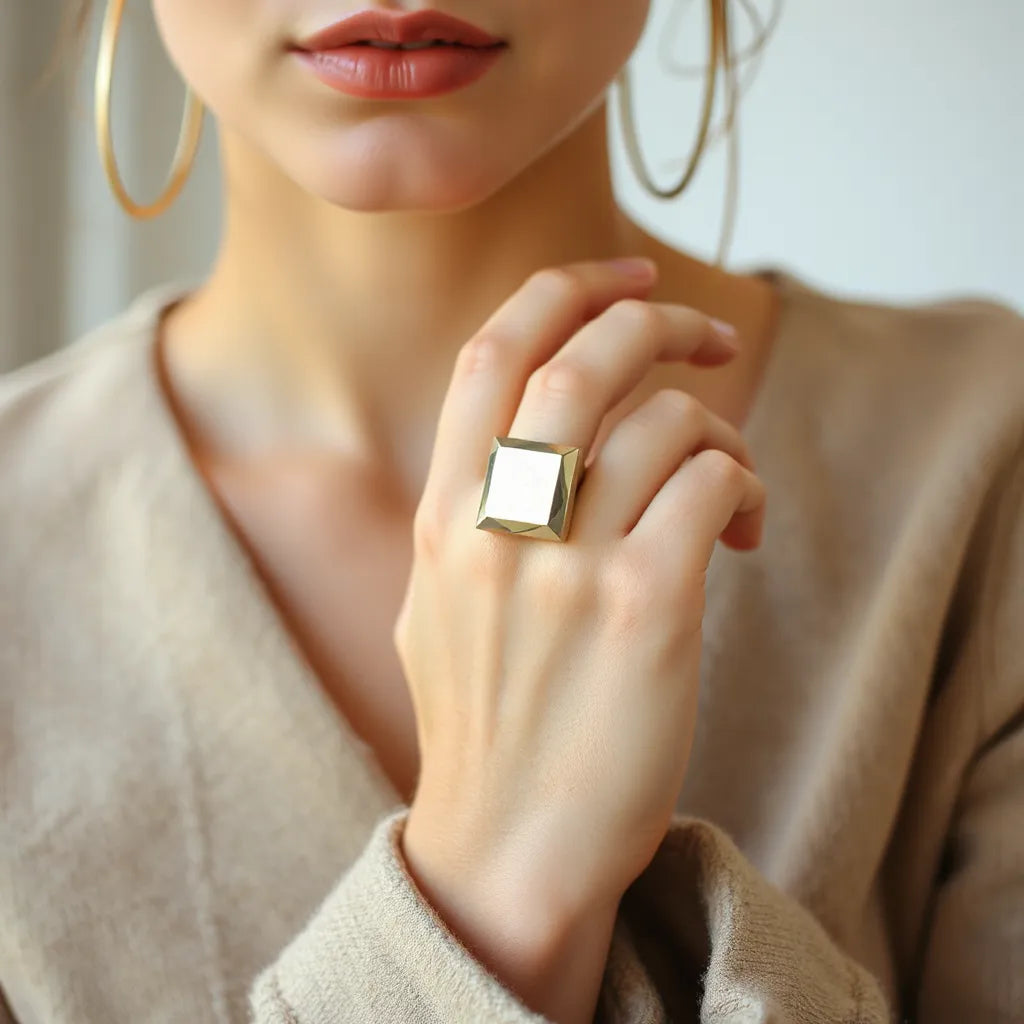 Hand wearing an irregular geometric ring with an asymmetrical faceted design