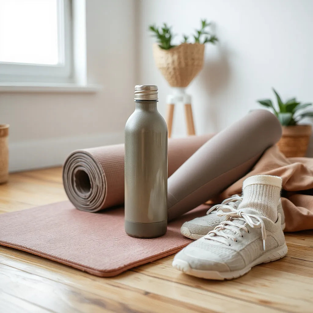Earth-tone workout essentials and yoga mat arranged in a bright minimalist home gym