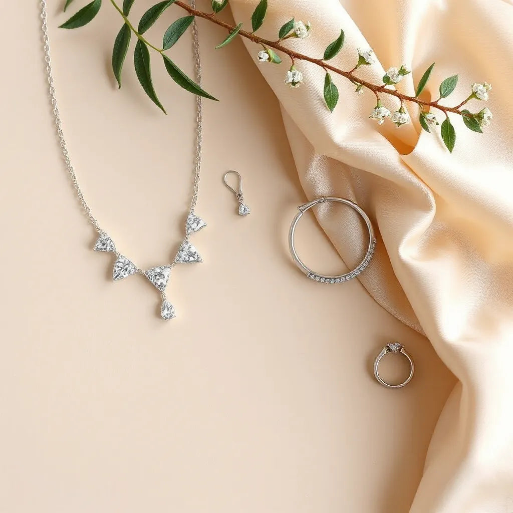 Assorted luxury jewelry accessories including a necklace, earrings, bracelet, and ring on a neutral background