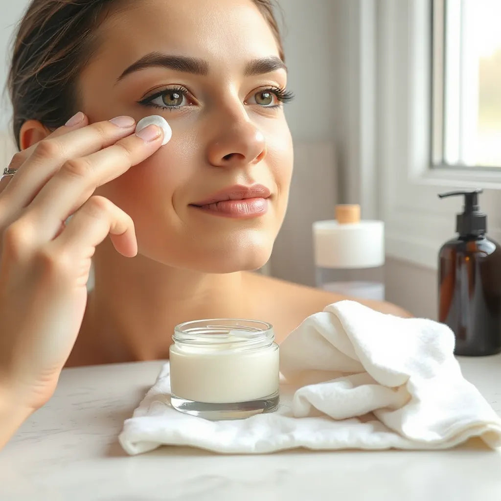 Person applying fragrance-free moisturizer with hypoallergenic cream jar on a clean countertop