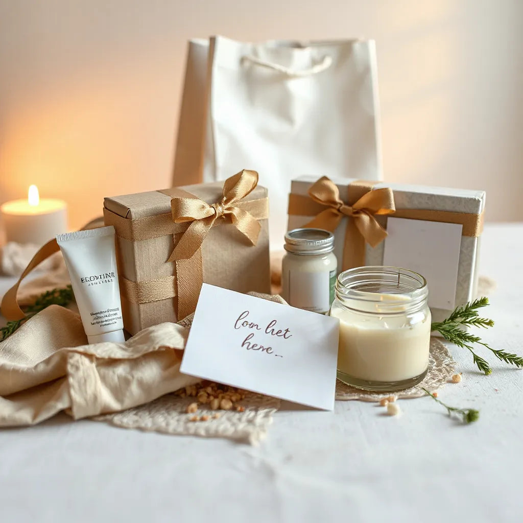 Curated gift sets for her with skincare, candle, ribbon, and neutral wrapping on a tidy tabletop