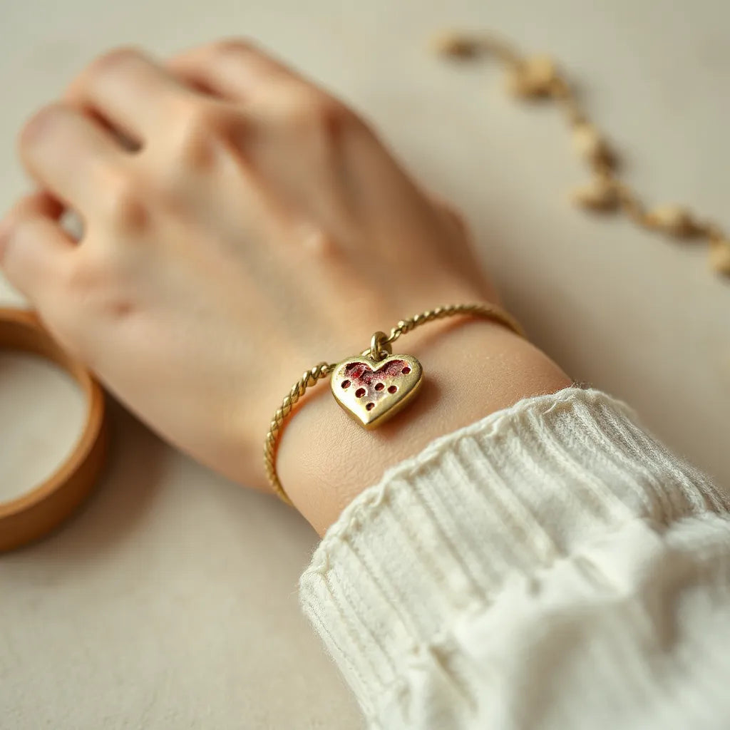 Woman wearing a retro worn heart bracelet with a distressed heart charm on her wrist