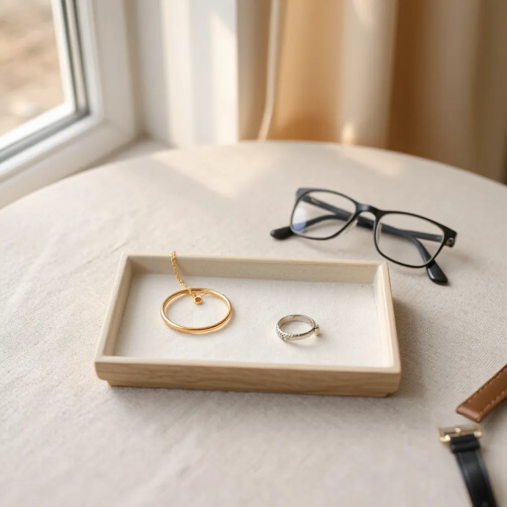 Gold-tone necklace, hoop earrings, ring, and bracelet arranged on a neutral tabletop