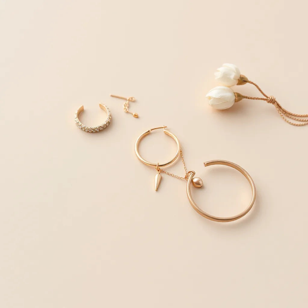 Modern women’s ring, hoop earrings, layered pendant necklace, and bracelet arranged on a neutral background.