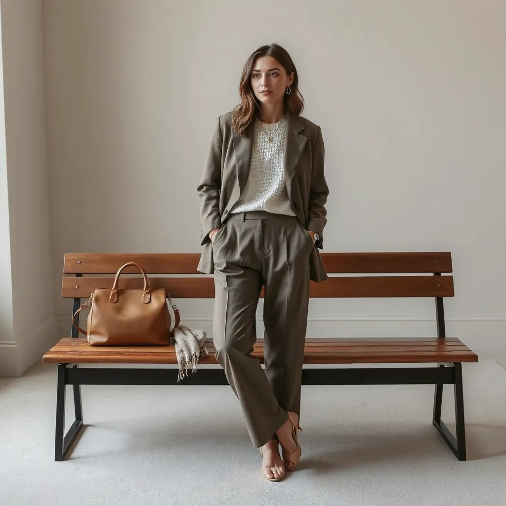 Model wearing a tailored blazer and minimalist accessories with a structured bag in soft natural light