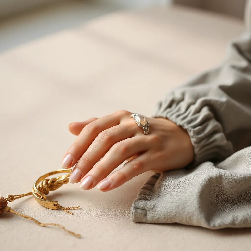 Fashion ring for women displayed on a neutral background with soft light and a subtle hand beside it