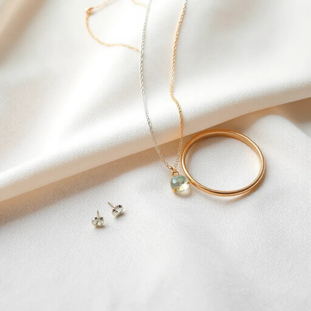 Minimalist pendant necklace, thin bracelet, and small stud earrings on neutral fabric