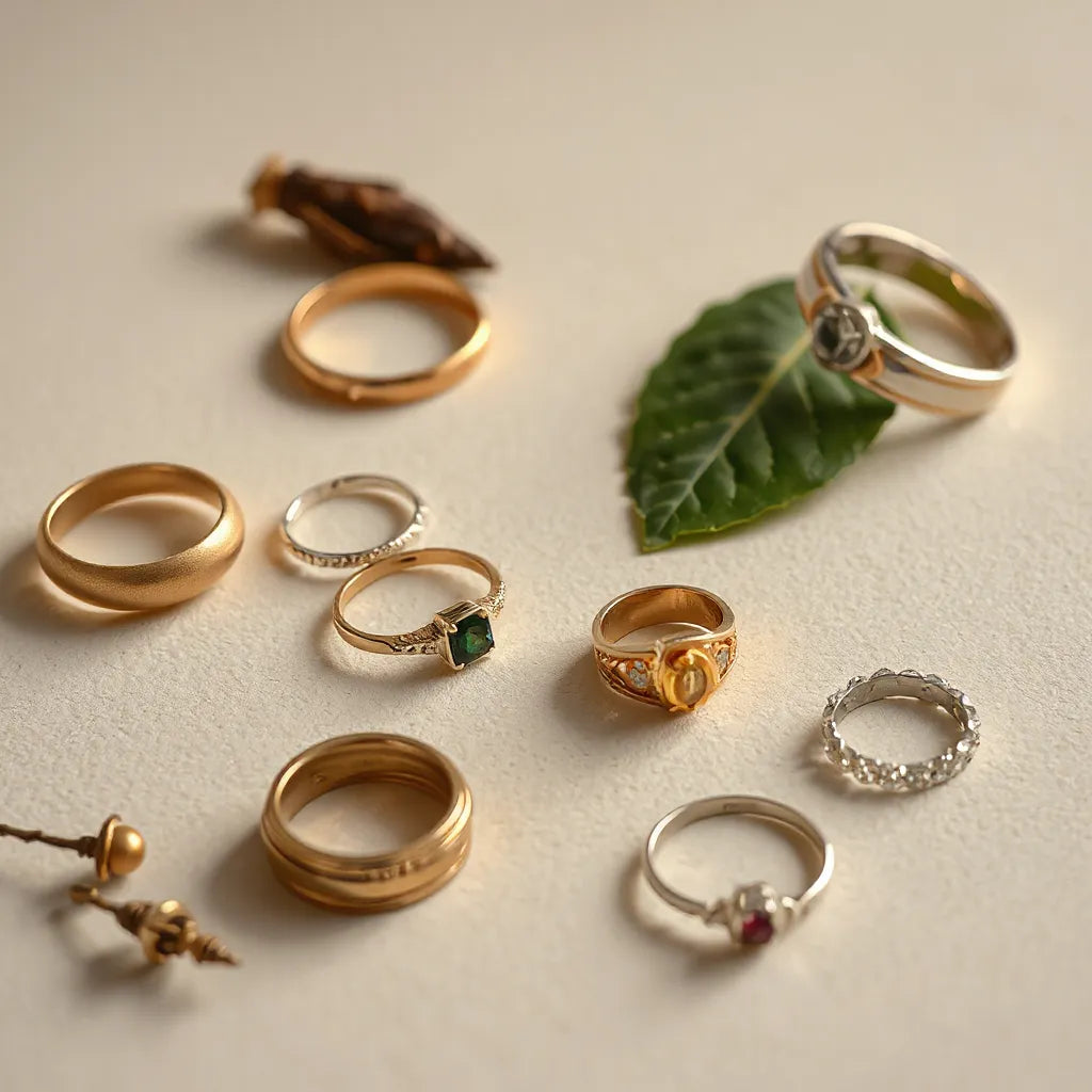Assorted gold and silver rings from a curated collection arranged neatly on a neutral background