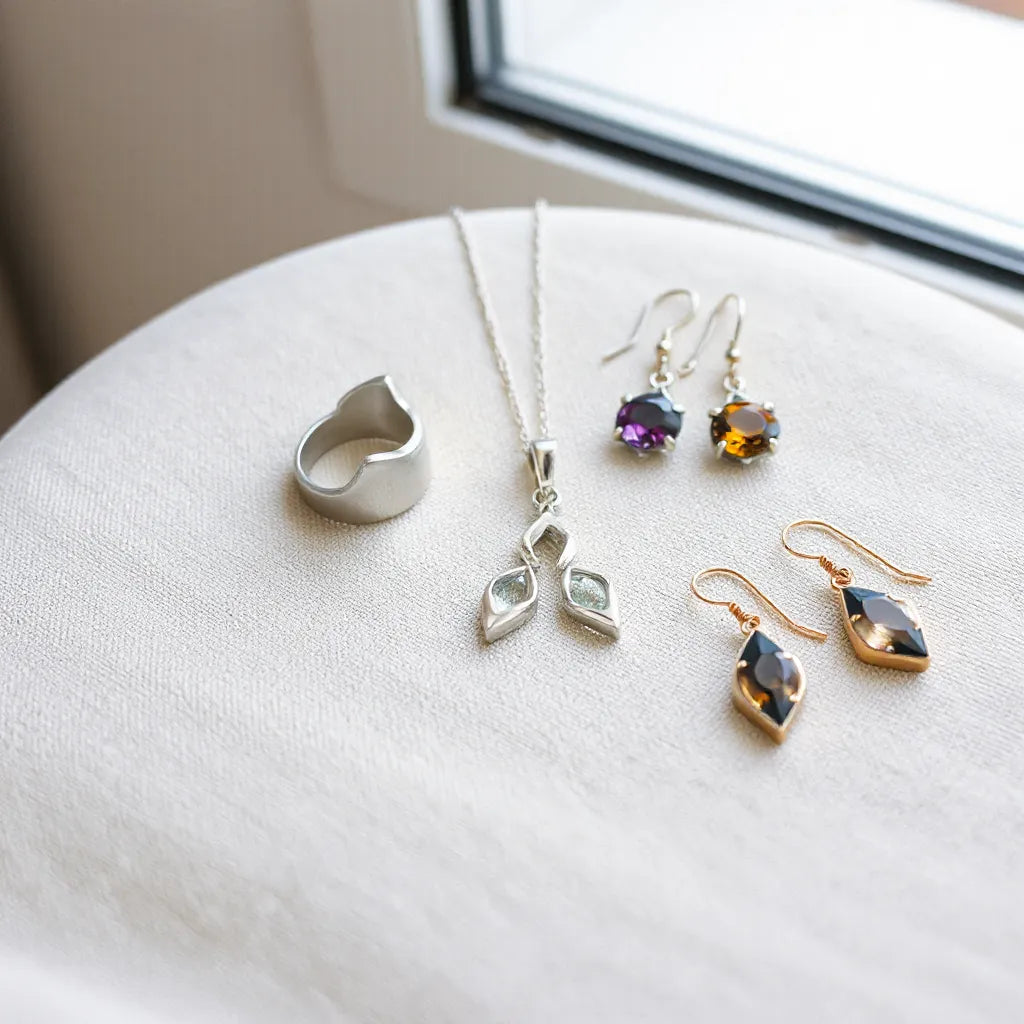 Handcrafted rings, pendant necklace, and earrings with distinct textures and gemstones on neutral fabric.