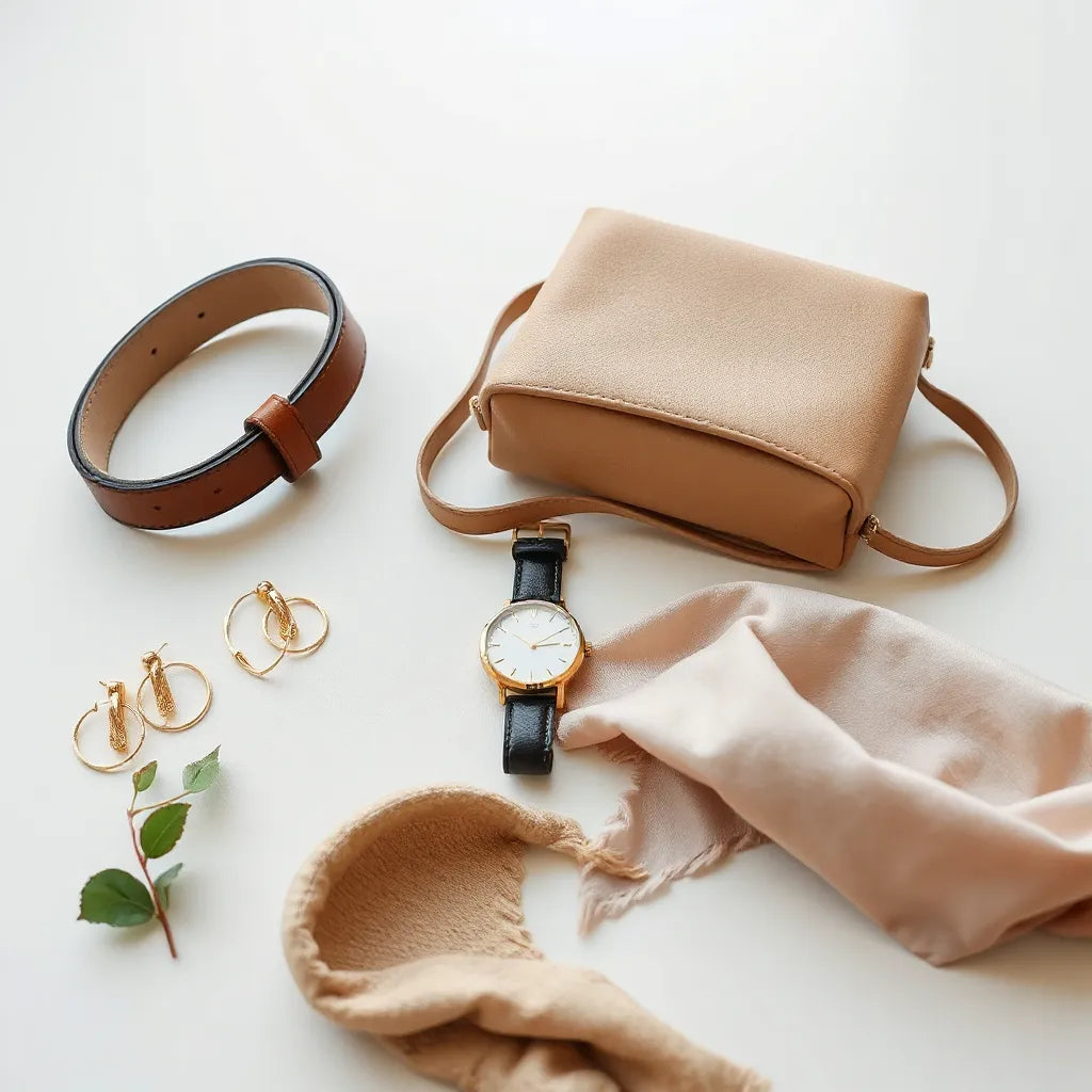 Refined leather accessories, watch, earrings, handbag, and a silk scarf arranged on a neutral surface