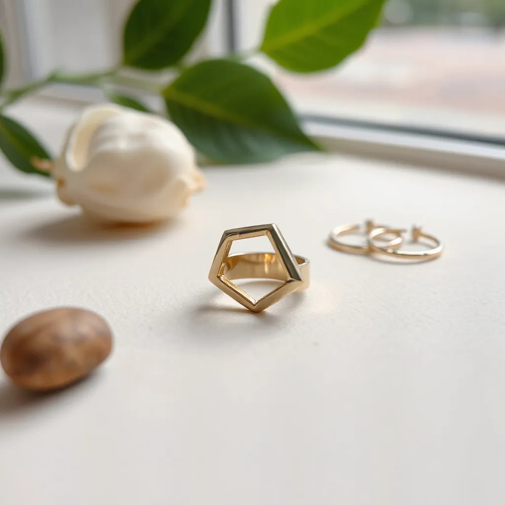 Geometric fashion ring with angular metal design on a neutral background under soft light