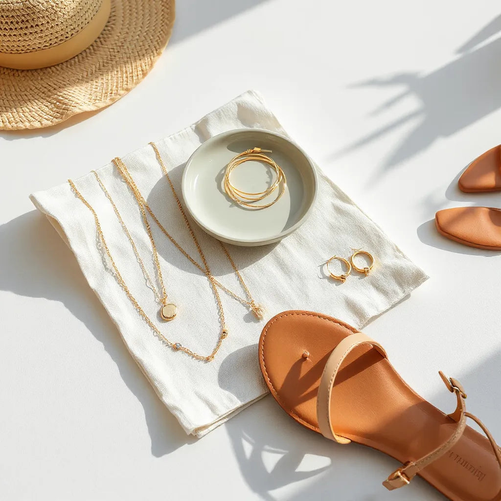 Layered summer necklaces, small hoop earrings, and a bracelet on sunlit linen with accessories nearby