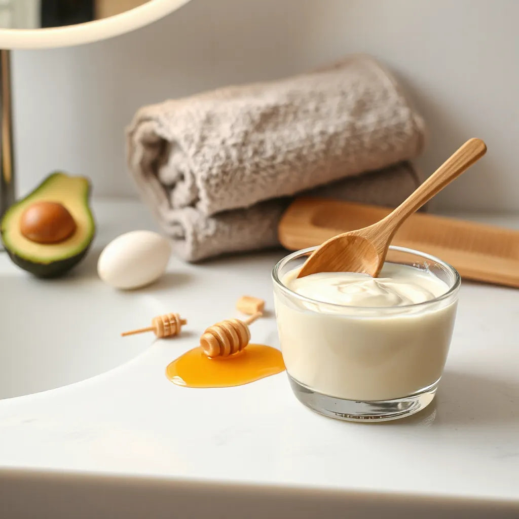 Creamy hair mask in a glass bowl with natural ingredients on a clean vanity