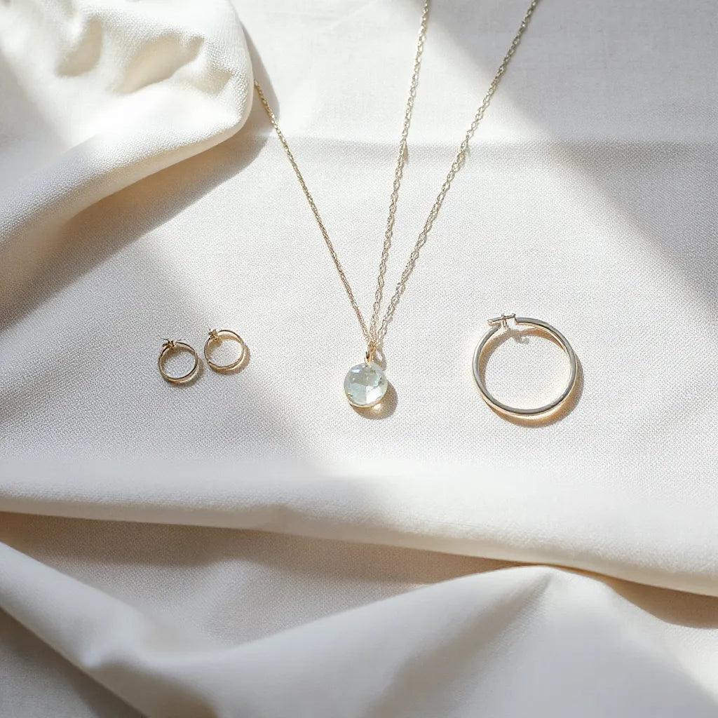 Elegant modern jewelry assortment with necklace, earrings, bracelet, and ring on a neutral background