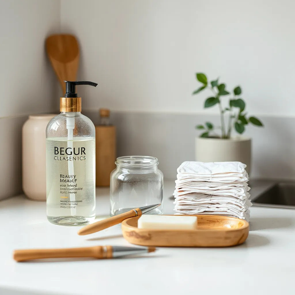 Eco-friendly beauty products on a clean counter with reusable cotton pads and a bamboo brush