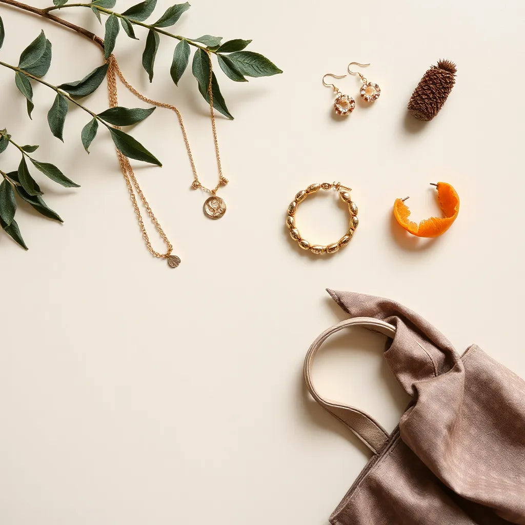 Layered necklaces, earrings, bracelet, scarf, and a structured handbag arranged on a neutral background.
