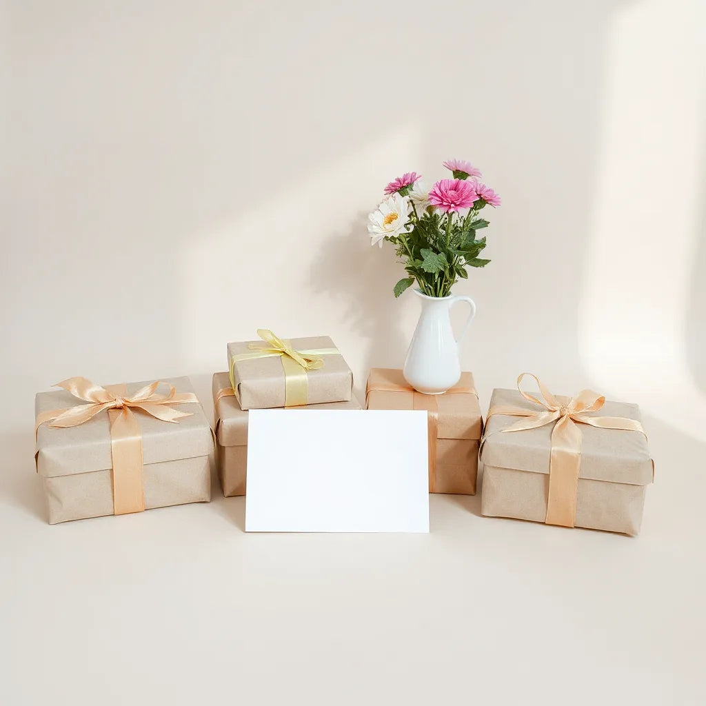 Wrapped birthday gifts with ribbon bows and a small bouquet on a neutral background