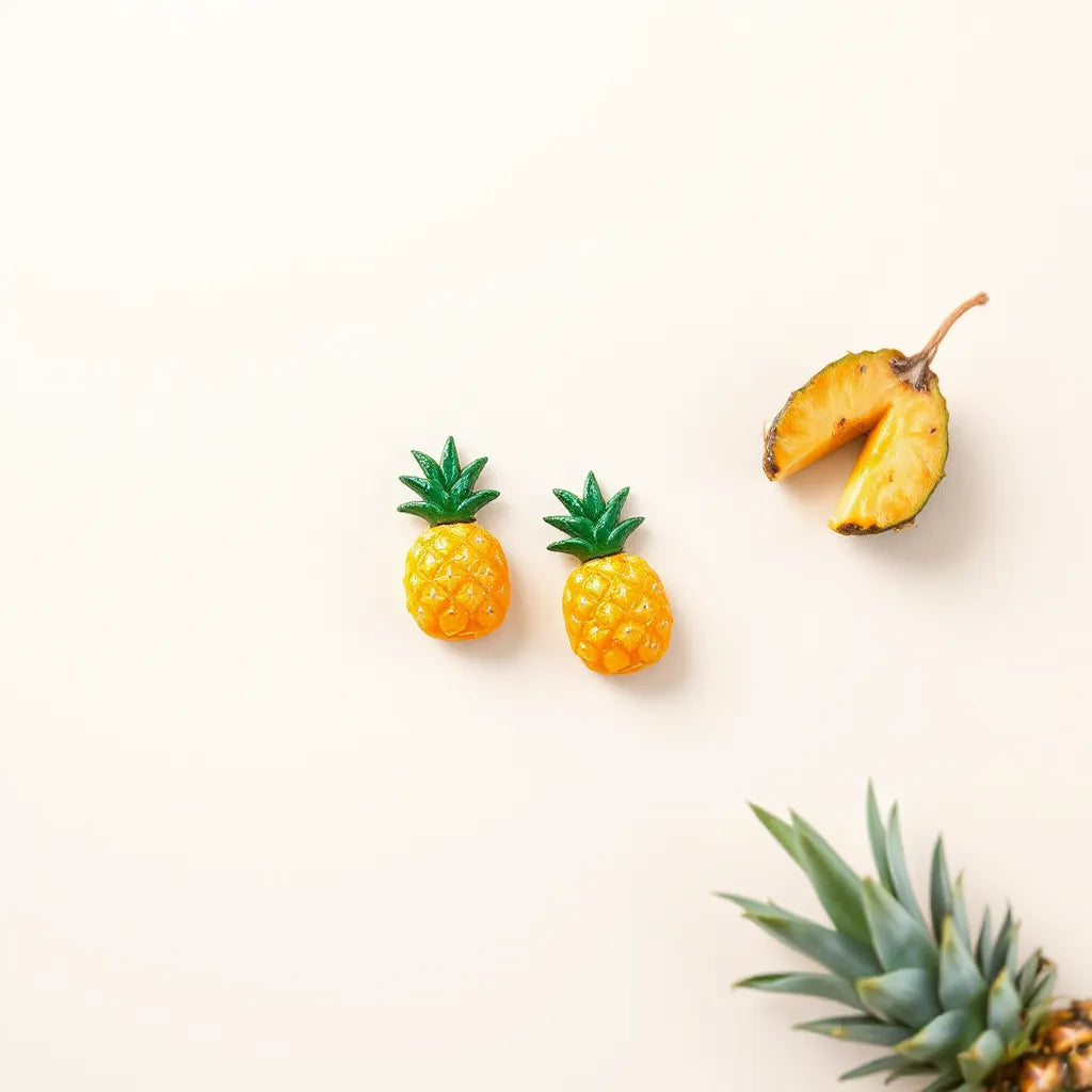 Pair of pineapple ear clips on a light background with subtle tropical leaves