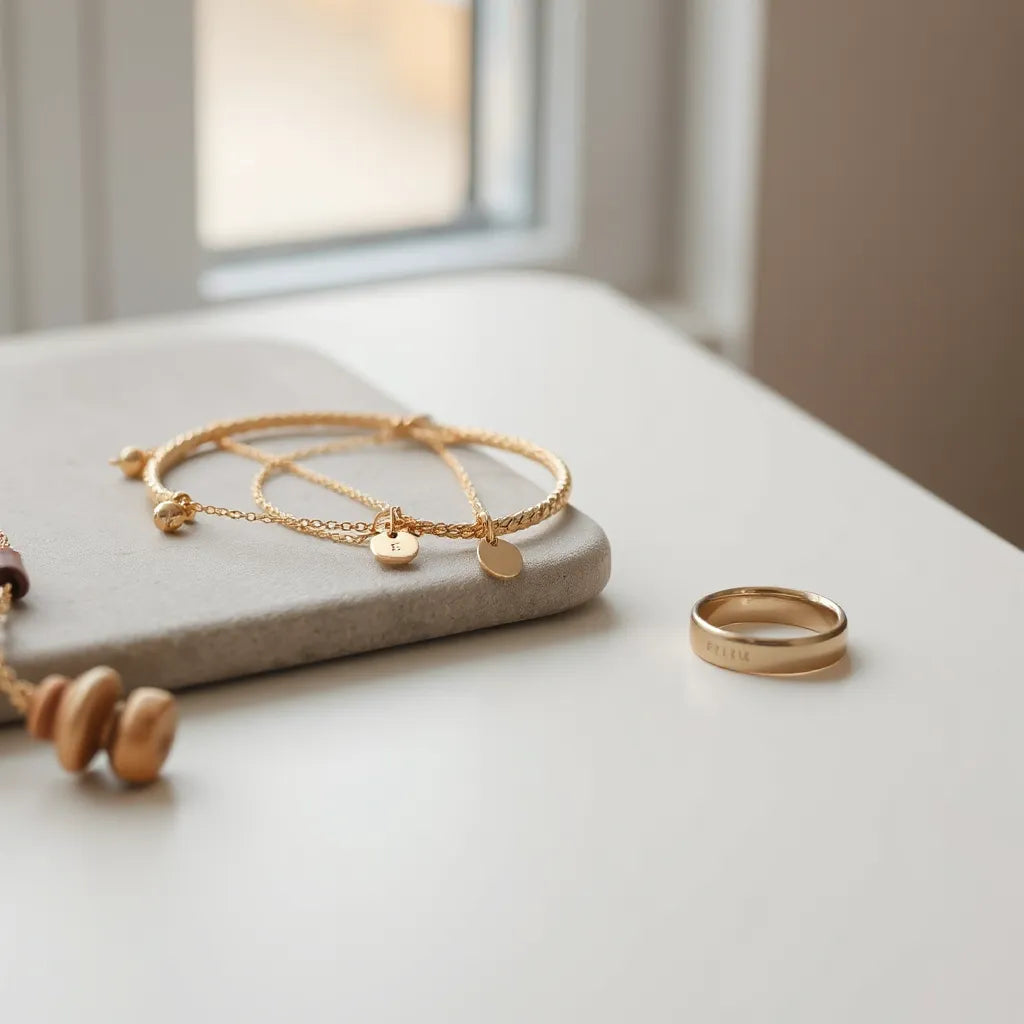 Gold personalized necklace, bracelet, and ring with subtle engraved initials on a clean tabletop