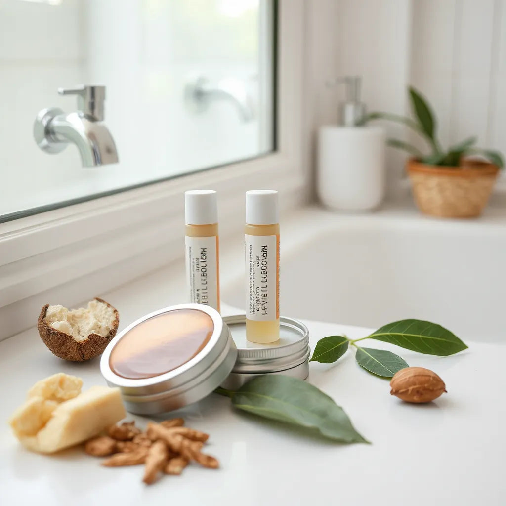 Vegan lip balm tubes and tin with visible natural ingredients like shea butter and plant leaves on a clean counter