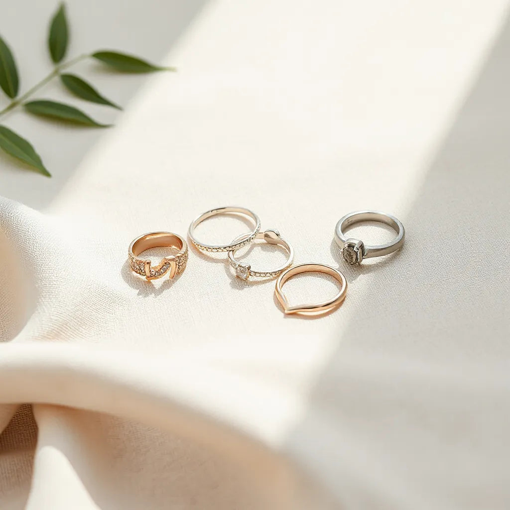 Assorted modern fashion rings with minimalist and statement designs on a neutral fabric background