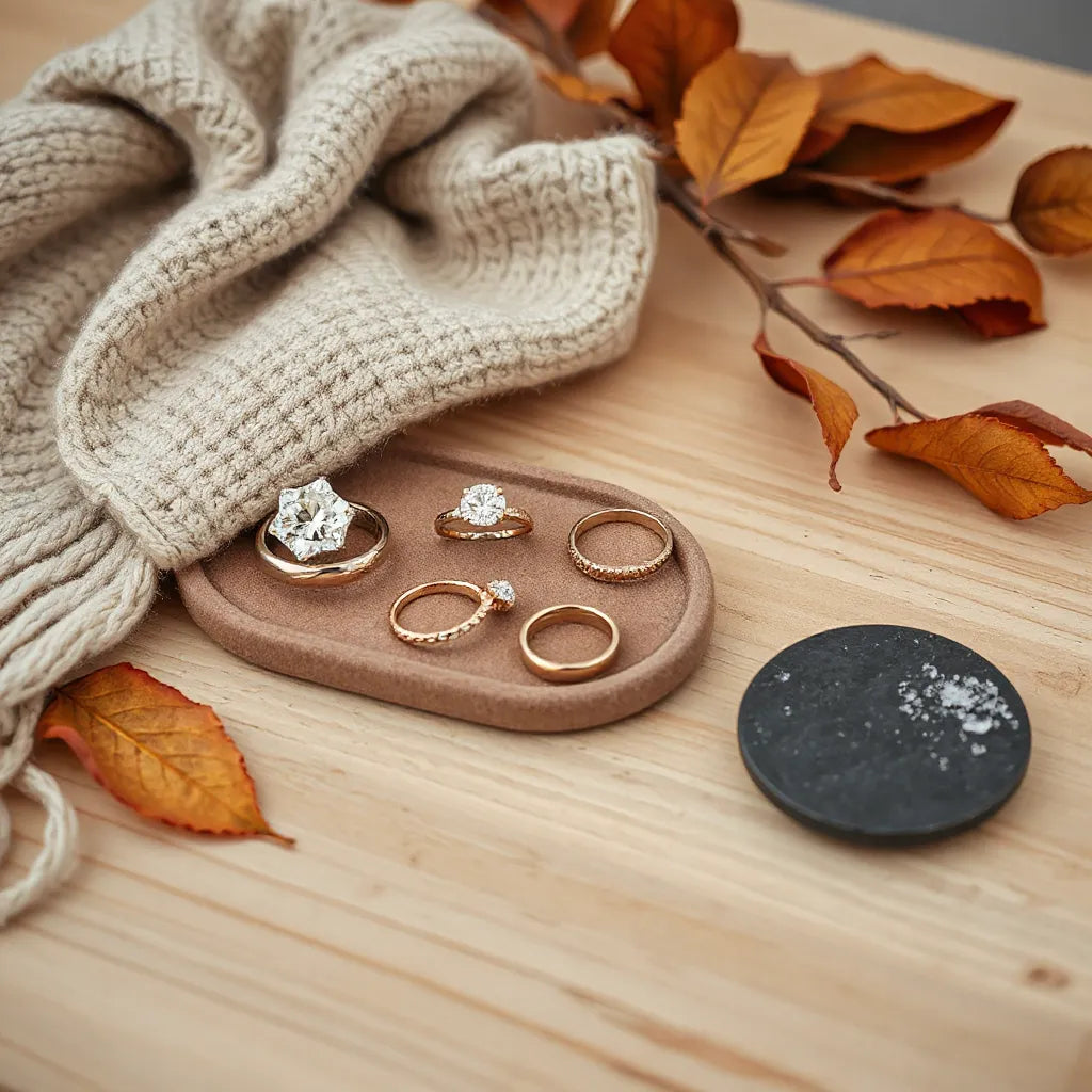 Elegant rings on a velvet tray with an autumn scarf and soft warm lighting