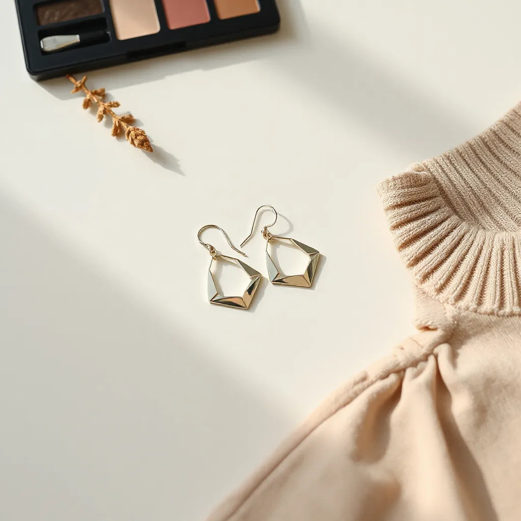 Geometric earrings with faceted shapes displayed beside a neutral outfit detail.