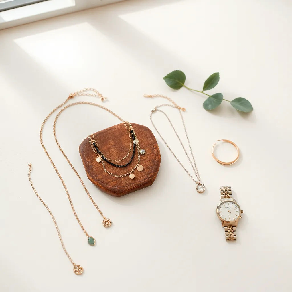 Curated fashion jewelry collection with layered necklaces, earrings, and bracelet on a neutral tabletop.