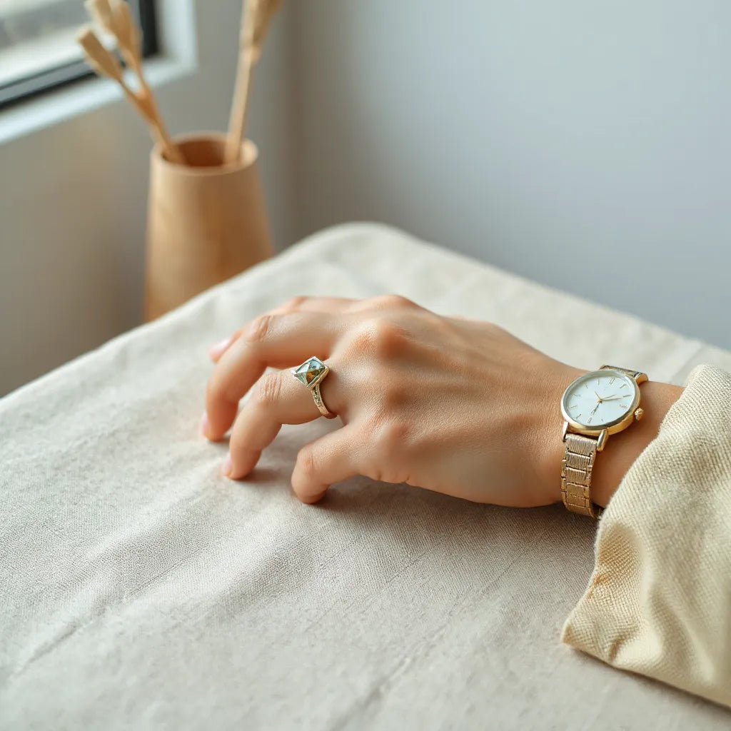 Hand wearing a unique design ring with a geometric setting in soft natural light