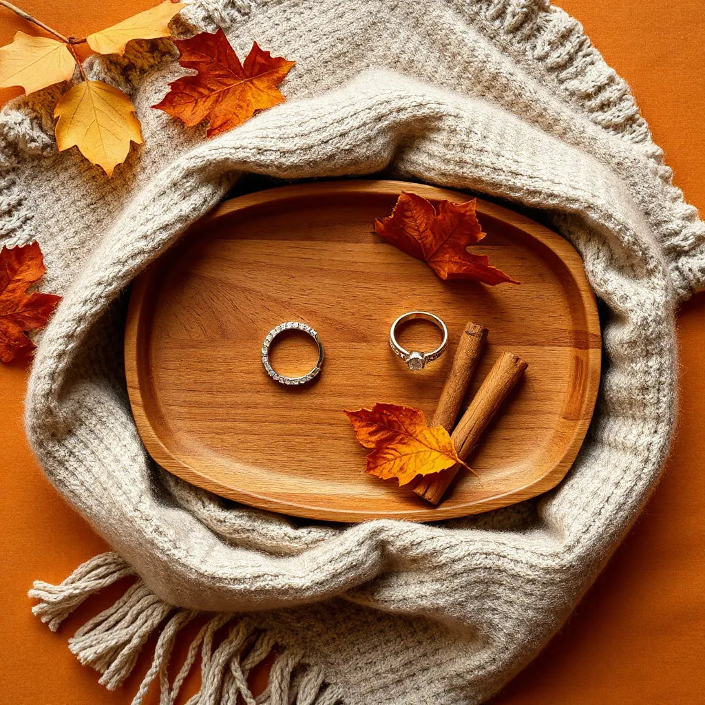 Assorted autumn rings resting on a knitted scarf with warm fall leaves in soft lighting