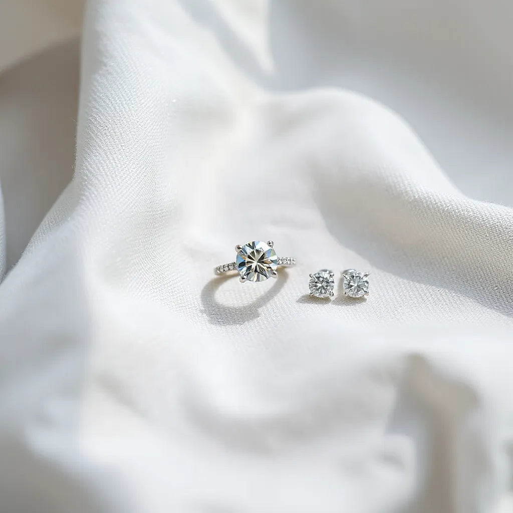 Synthetic diamond ring and stud earrings resting on soft fabric under natural light