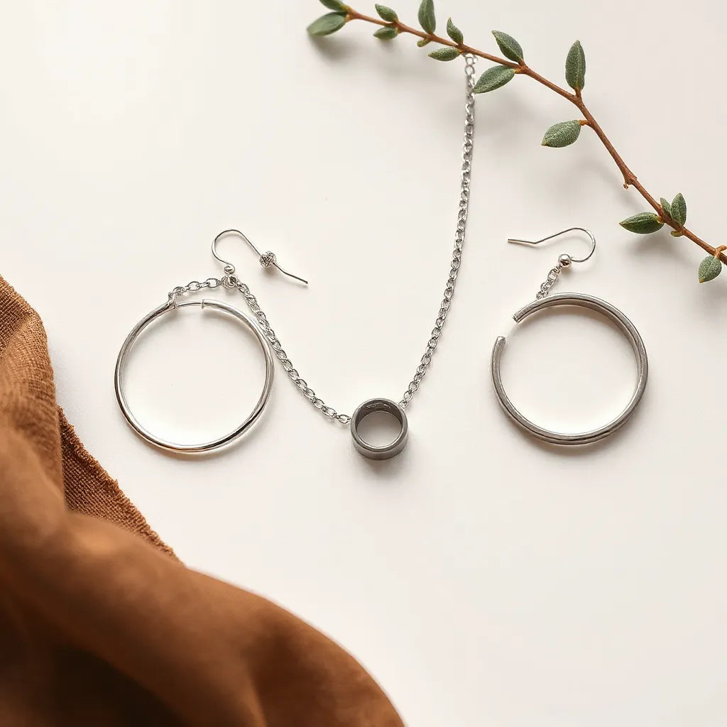 Minimal unisex jewelry accessories including hoop earrings, layered necklace, ring, and bracelet on a neutral background