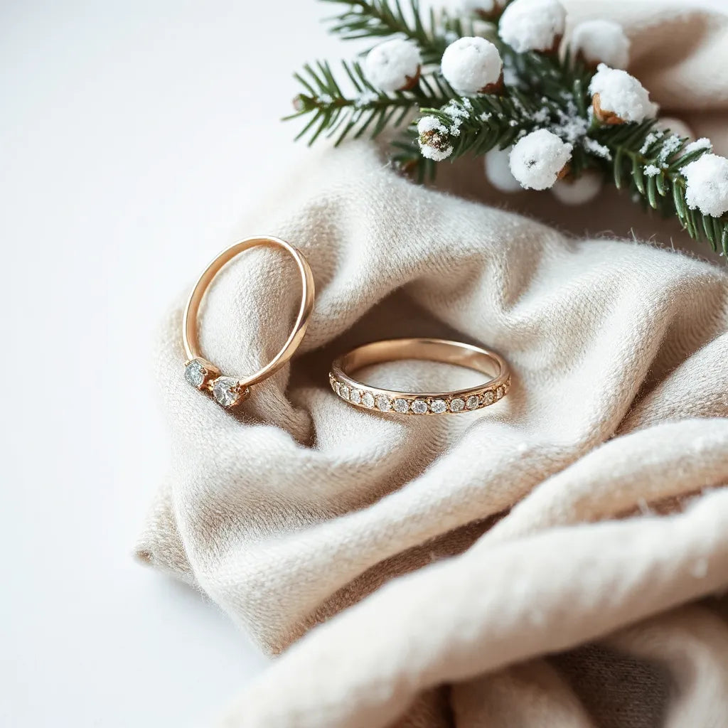 Assorted elegant rings resting on a wool scarf with subtle winter greenery and soft light