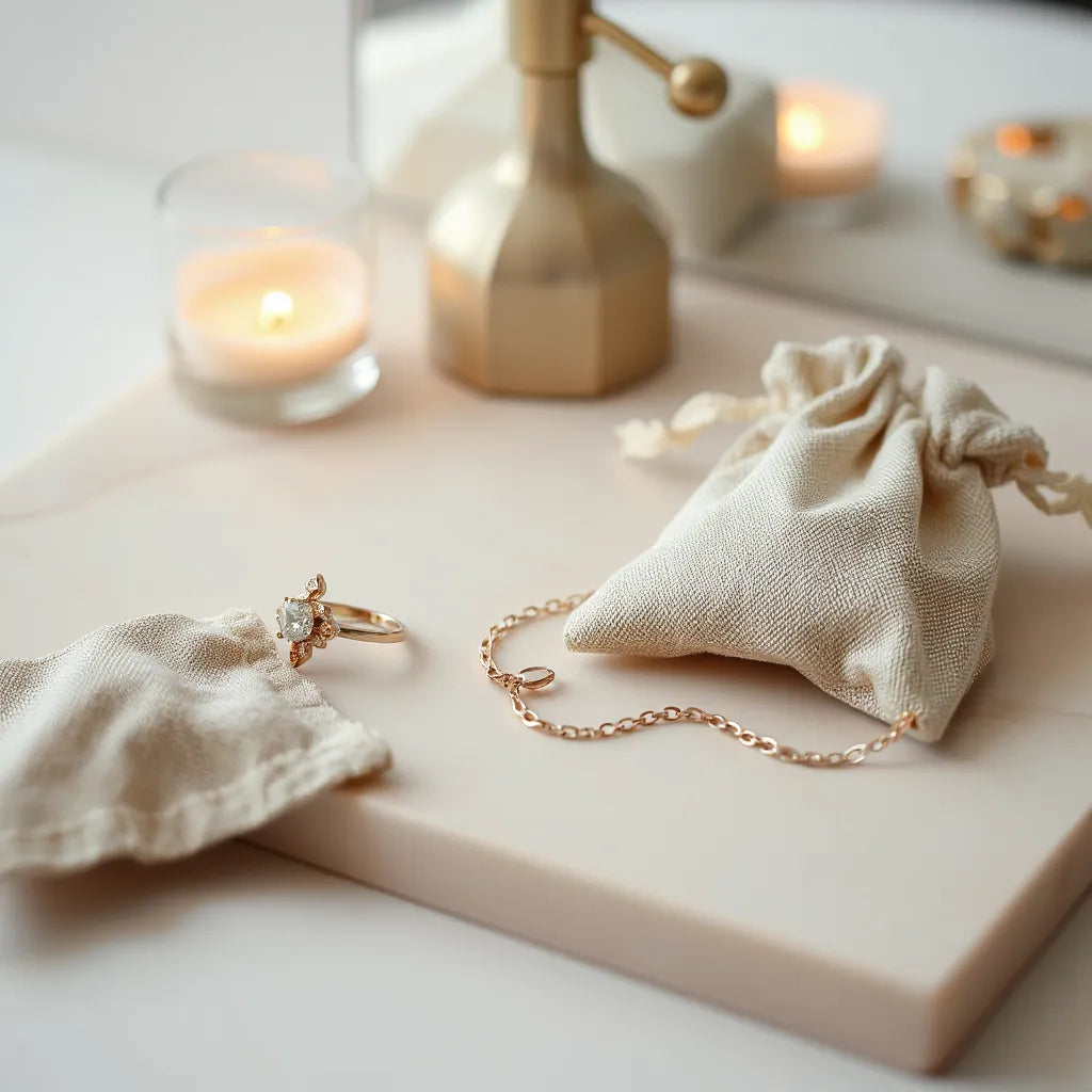 Affordable luxury ring resting on a minimalist vanity with soft warm lighting and a small jewelry pouch nearby