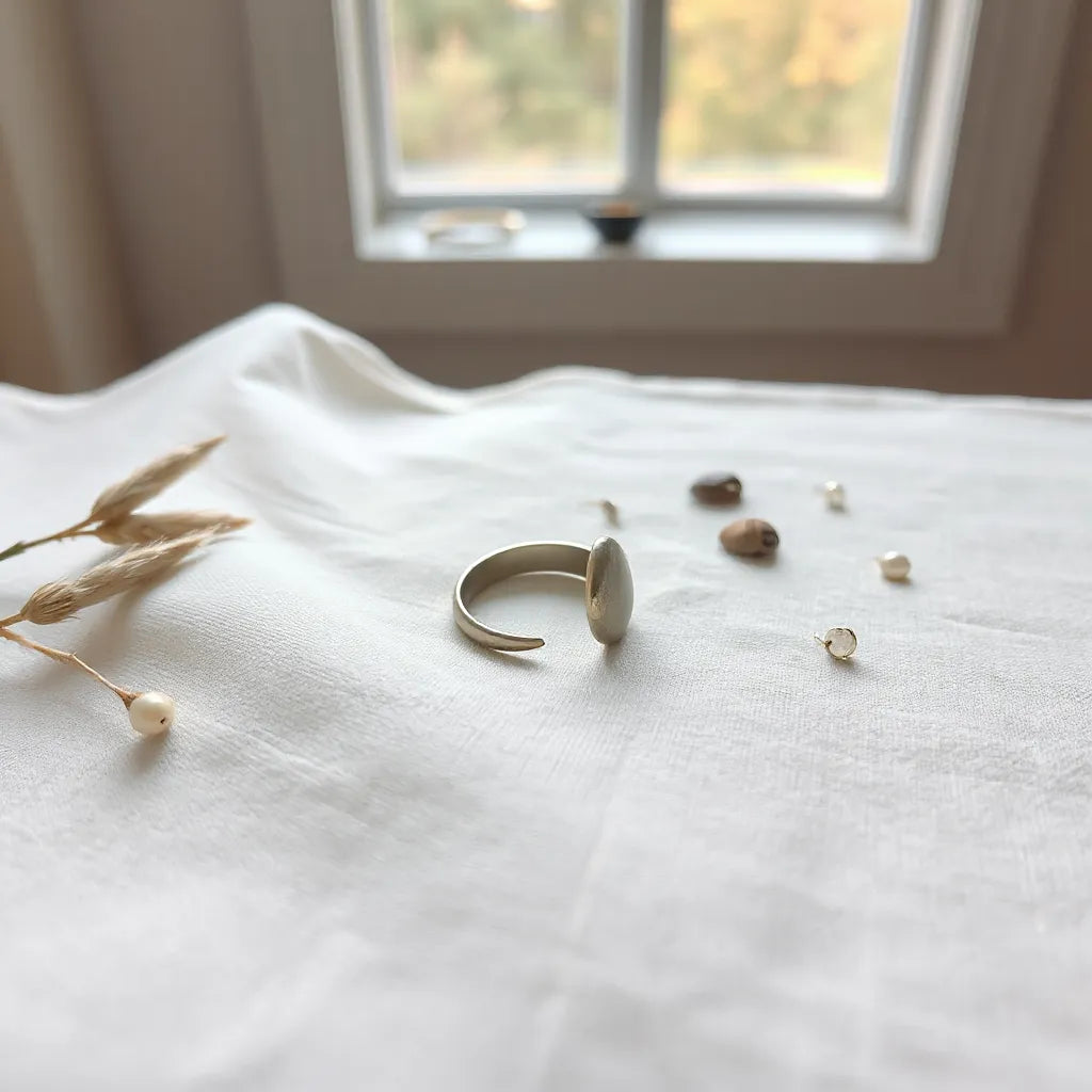 Minimal open smooth ring with a polished finish on neutral fabric under soft natural light