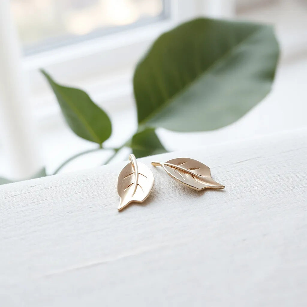Leaf-shaped fashion earrings with a polished metal finish on a neutral fabric surface.