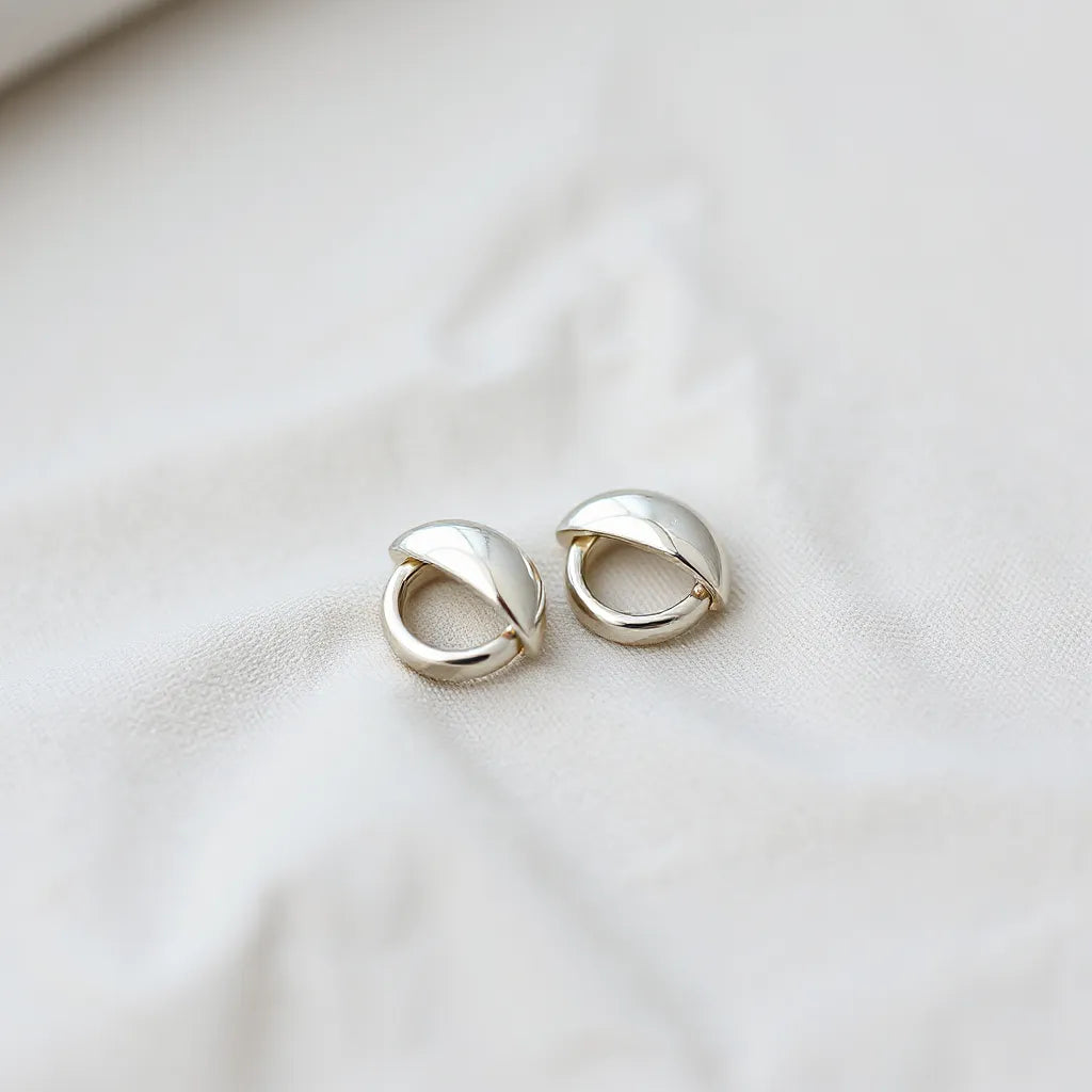 Silver ear clip earrings displayed on neutral fabric with soft natural light and crisp reflections