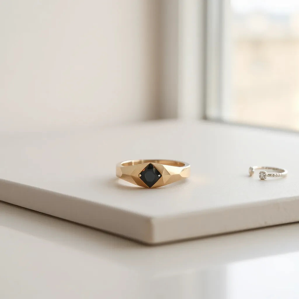 Geometric ring with angular facets on a light background with soft reflections