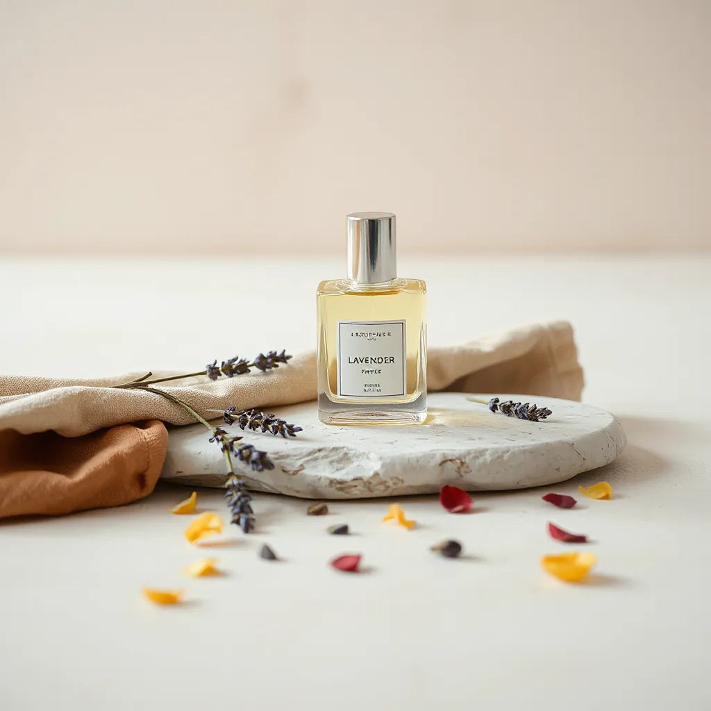 Luxury perfume bottle with organic botanicals on a neutral stone surface