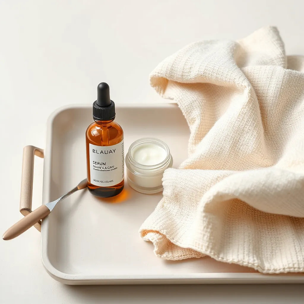 Serum dropper and cream jar on a skincare tray beside a softly lit face for anti-aging results