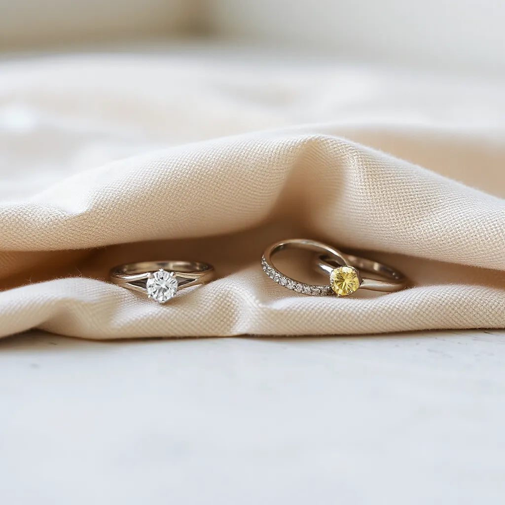 Assorted fine jewelry rings with gemstone and pavé details arranged on neutral fabric