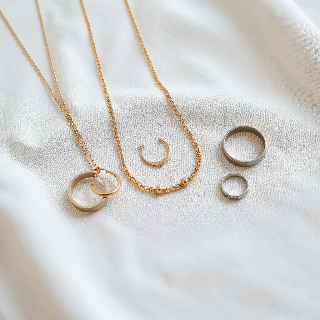 Layered necklaces, delicate earrings, a bracelet, and a slim ring arranged neatly on neutral fabric.