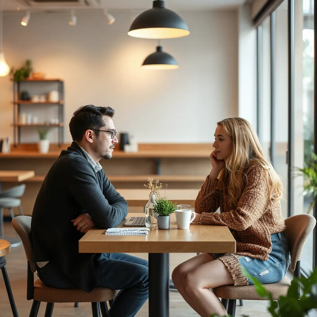 Two people in a cafe showing attentive, respectful body language during conversation