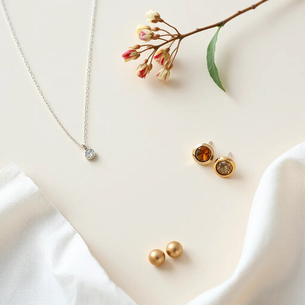 Silver and gold European and American jewelry pieces laid on a light neutral background with natural lighting