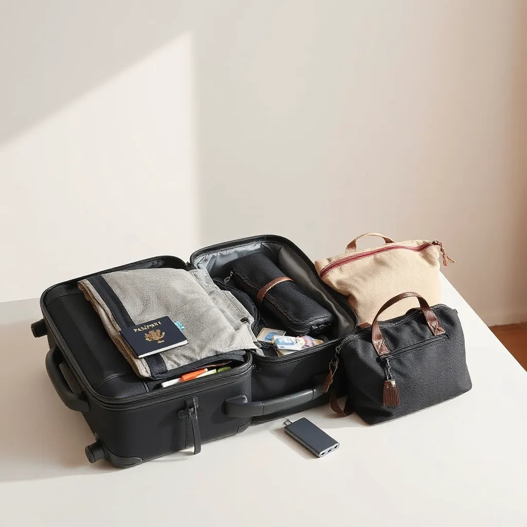 Neatly arranged travel essentials beside an open carry-on suitcase