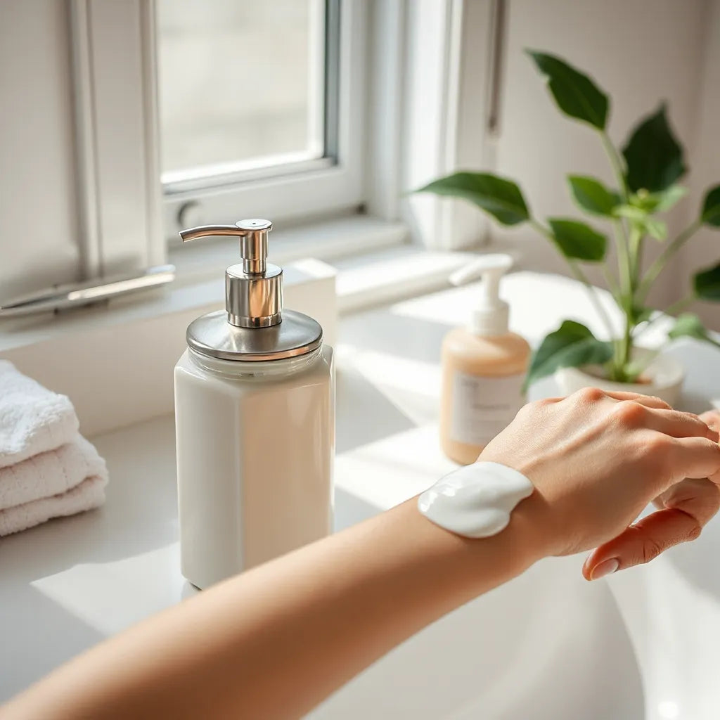 Hand applying moisturizing body lotion to forearm beside a lotion bottle and jar on a clean vanity