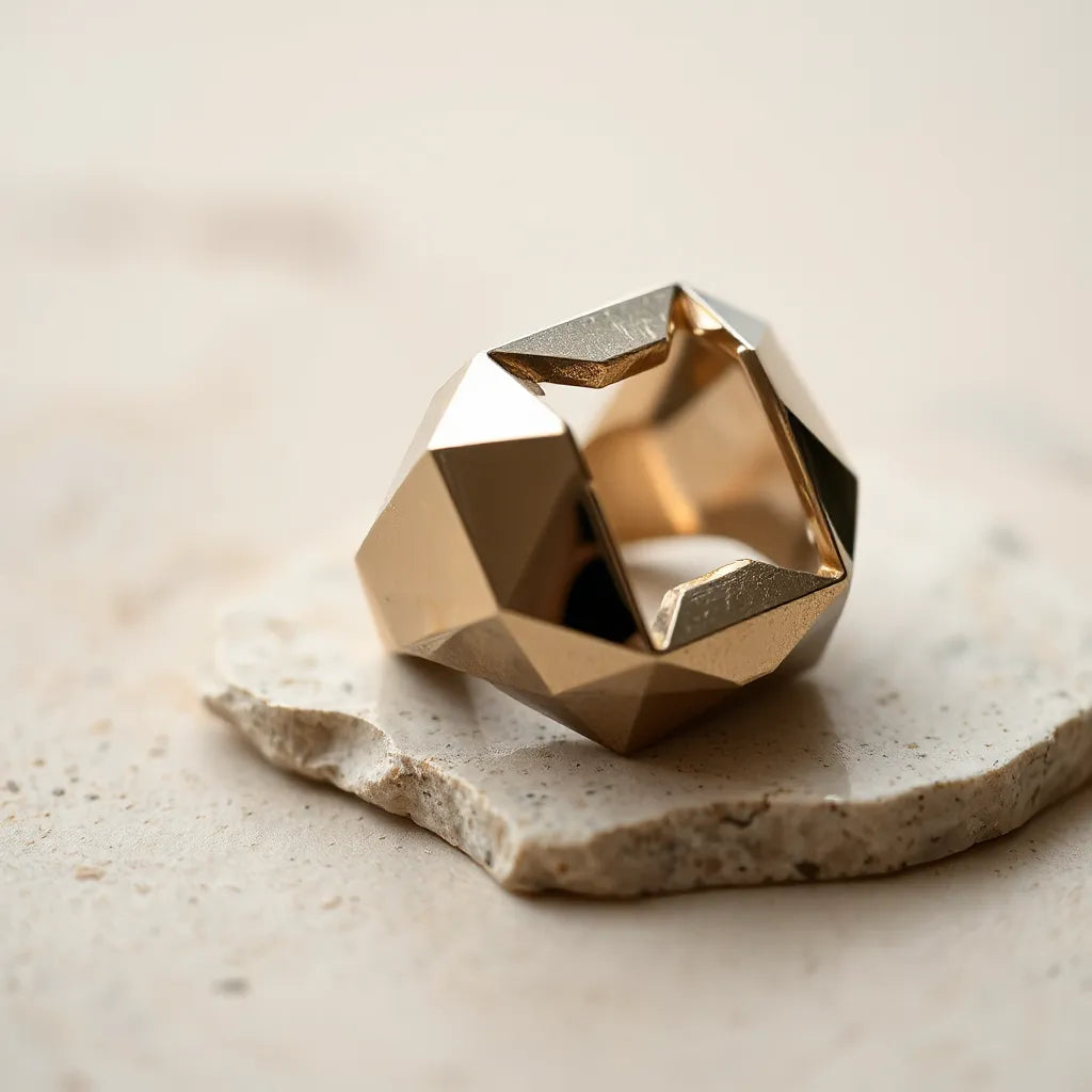 Irregular geometric ring with faceted asymmetrical design resting on a neutral stone surface