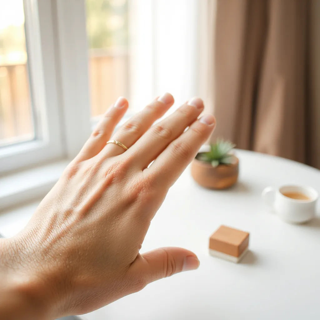 Hand wearing a simple ring on the index finger with soft natural light and a neutral background
