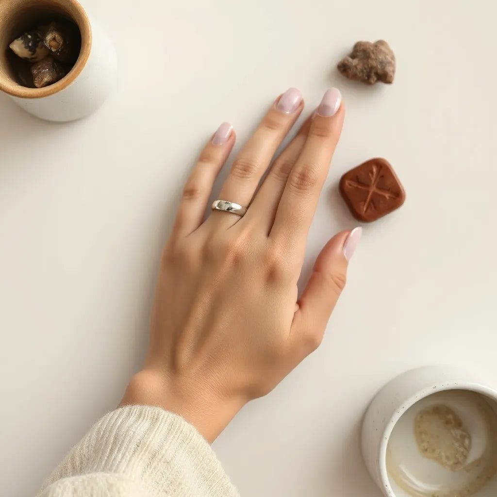 Woman’s hand with a delicate finger ring in soft natural light on a neutral background